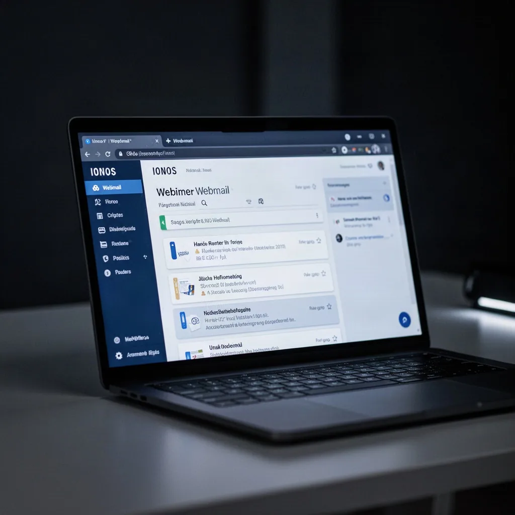 Un collaborateur se connecte à son webmail IONOS sur ordinateur, interface de configuration des comptes affichée